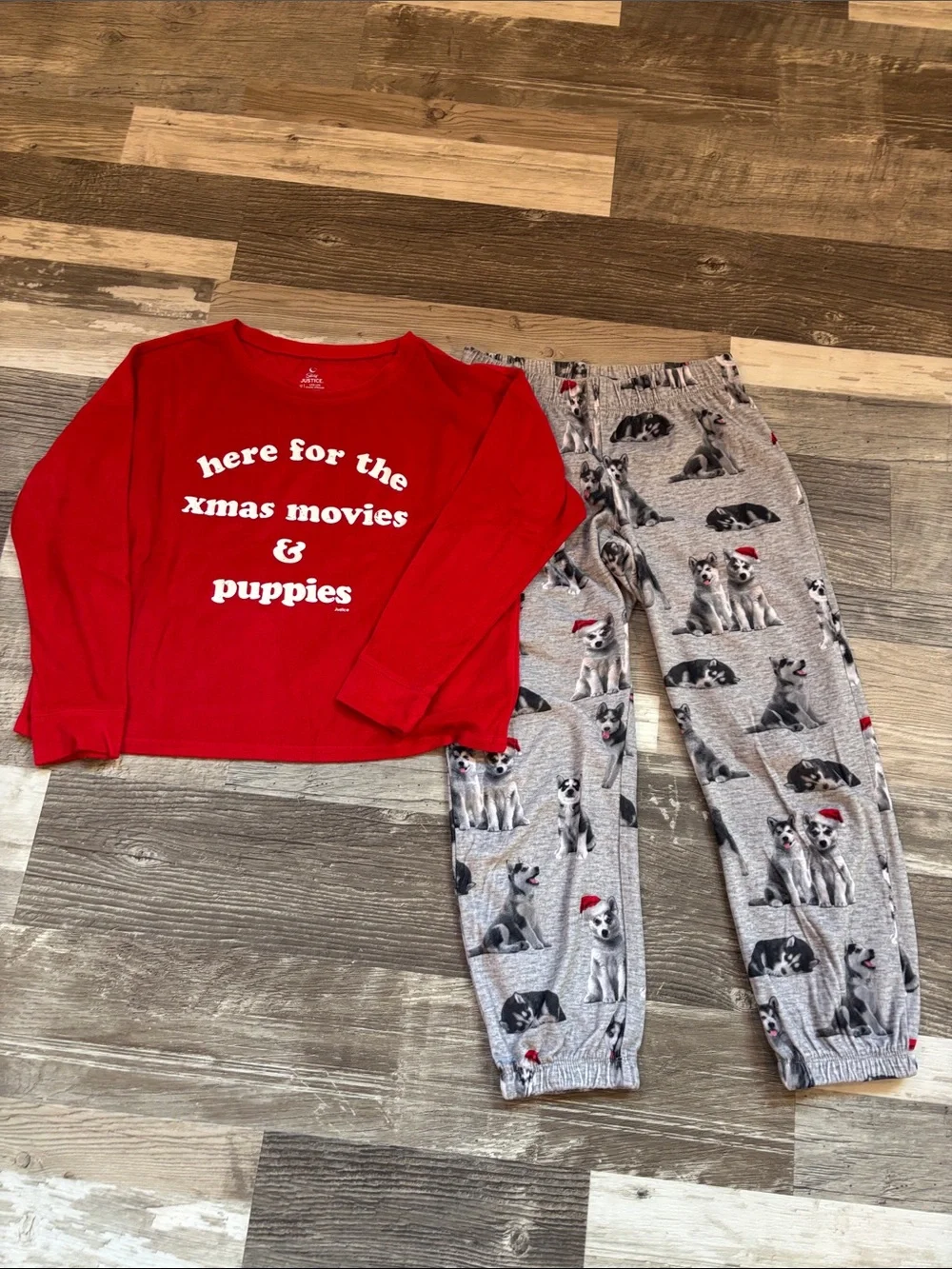 Justice Red Top with Gray Puppy-Print Pajama Set